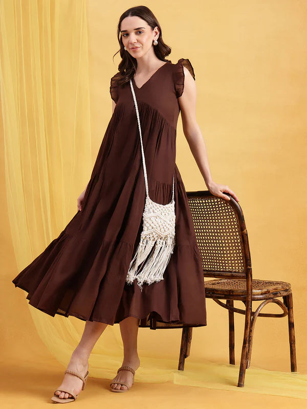 Chocolate Brown Mul Cotton Tiered Maxi Dress with Inner