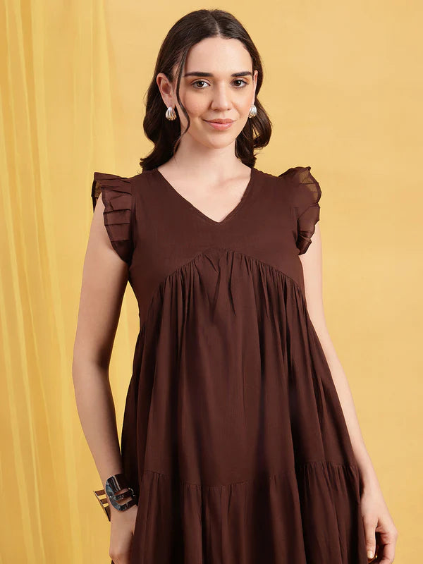 Chocolate Brown Mul Cotton Tiered Maxi Dress with Inner