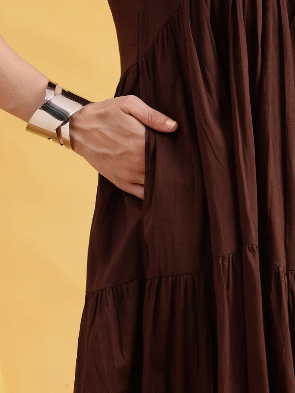 Chocolate Brown Mul Cotton Tiered Maxi Dress with Inner