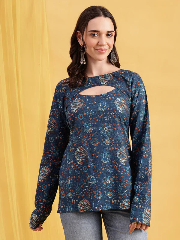 Rust Floral Straight Cotton Stitched Tunic