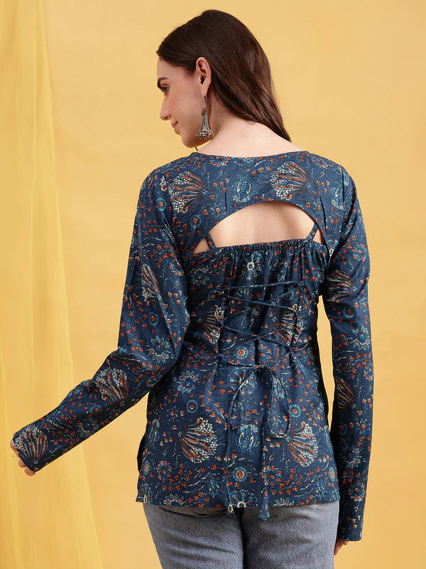 Rust Floral Straight Cotton Stitched Tunic