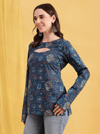 Rust Floral Straight Cotton Stitched Tunic