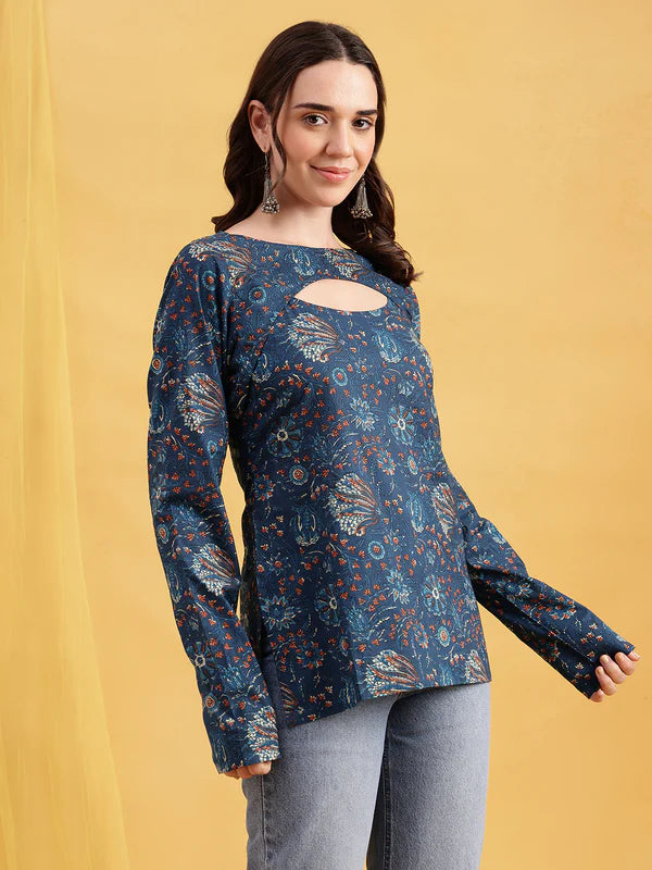 Rust Floral Straight Cotton Stitched Tunic