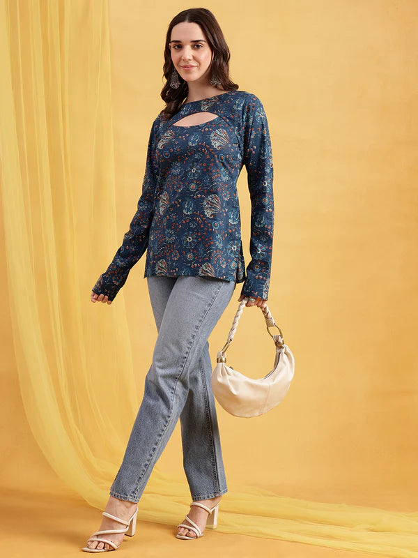 Rust Floral Straight Cotton Stitched Tunic