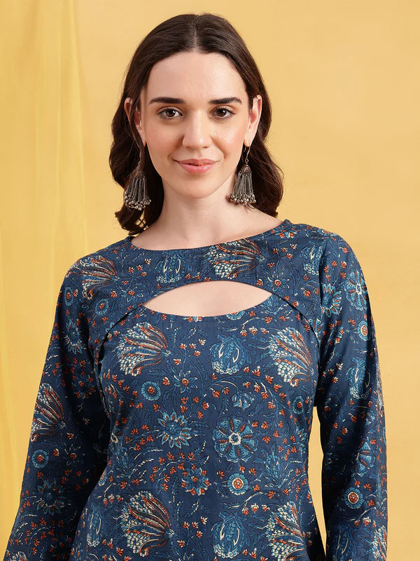 Rust Floral Straight Cotton Stitched Tunic