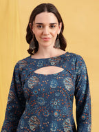 Rust Floral Straight Cotton Stitched Tunic