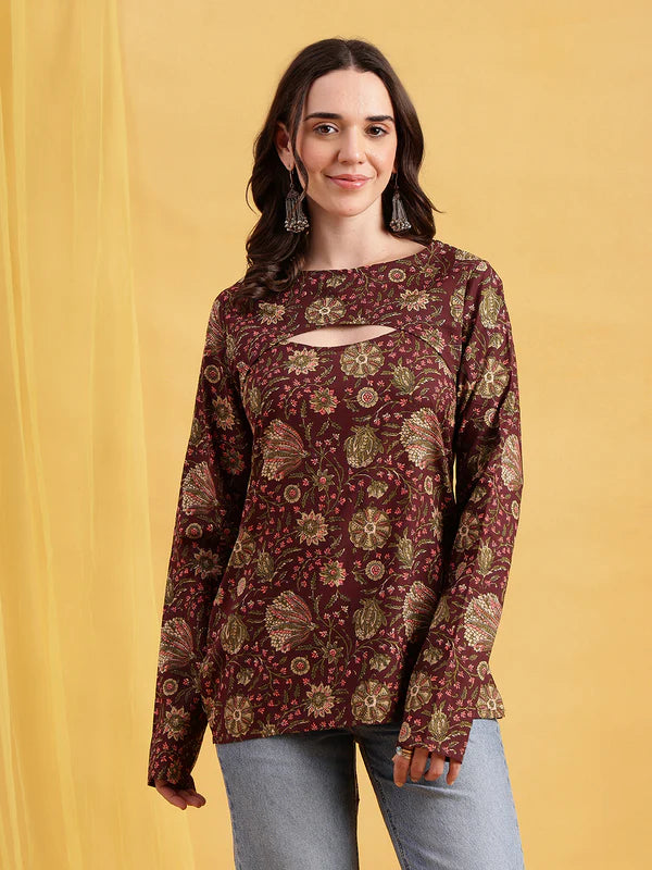 Rust Floral Straight Cotton Stitched Tunic