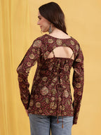 Rust Floral Straight Cotton Stitched Tunic