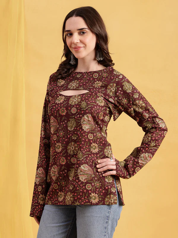Rust Floral Straight Cotton Stitched Tunic