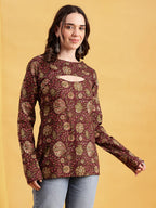 Rust Floral Straight Cotton Stitched Tunic