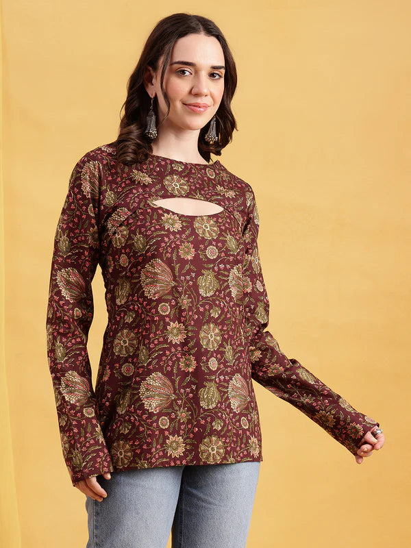 Rust Floral Straight Cotton Stitched Tunic