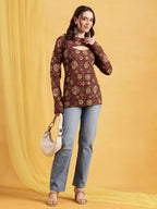 Rust Floral Straight Cotton Stitched Tunic