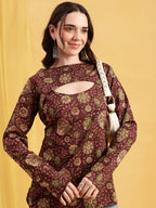 Rust Floral Straight Cotton Stitched Tunic