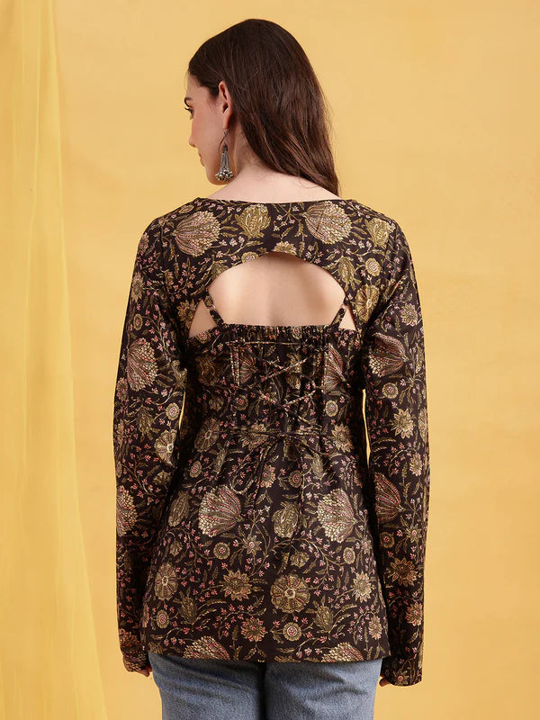 Rust Floral Straight Cotton Stitched Tunic
