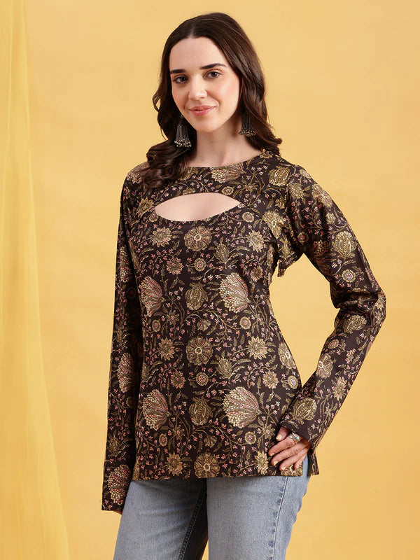 Rust Floral Straight Cotton Stitched Tunic