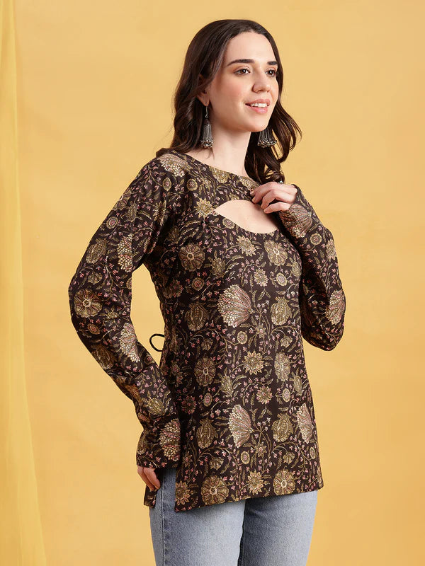 Rust Floral Straight Cotton Stitched Tunic