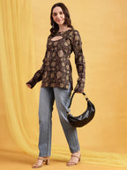 Rust Floral Straight Cotton Stitched Tunic