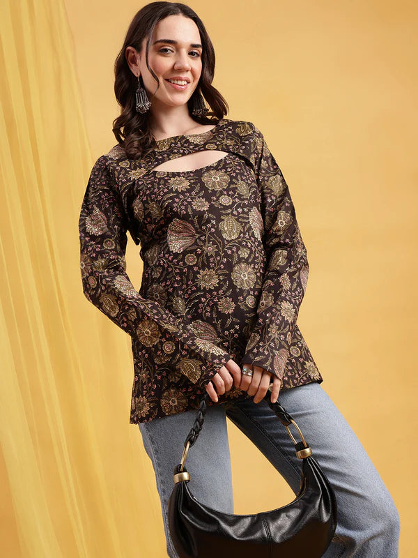 Rust Floral Straight Cotton Stitched Tunic