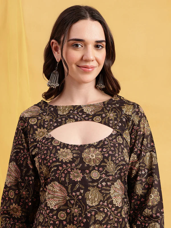 Rust Floral Straight Cotton Stitched Tunic
