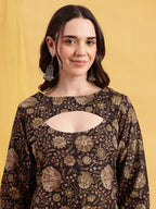 Rust Floral Straight Cotton Stitched Tunic