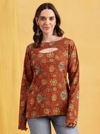 Rust Floral Straight Cotton Stitched Tunic