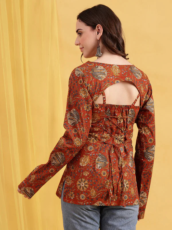 Rust Floral Straight Cotton Stitched Tunic