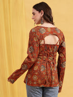 Rust Floral Straight Cotton Stitched Tunic