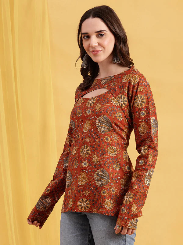 Rust Floral Straight Cotton Stitched Tunic