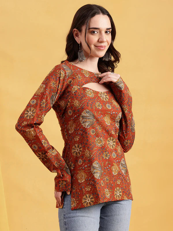 Rust Floral Straight Cotton Stitched Tunic