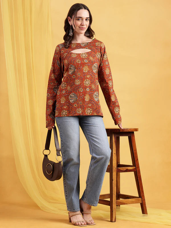 Rust Floral Straight Cotton Stitched Tunic