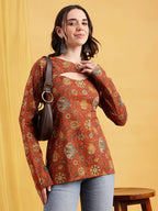 Rust Floral Straight Cotton Stitched Tunic