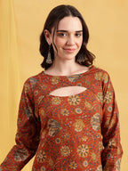 Rust Floral Straight Cotton Stitched Tunic