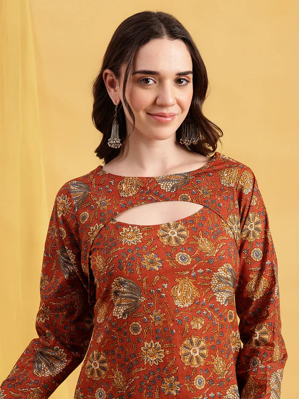 Rust Floral Straight Cotton Stitched Tunic