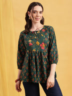 Red Floral Flared Cotton Stitched Tunic