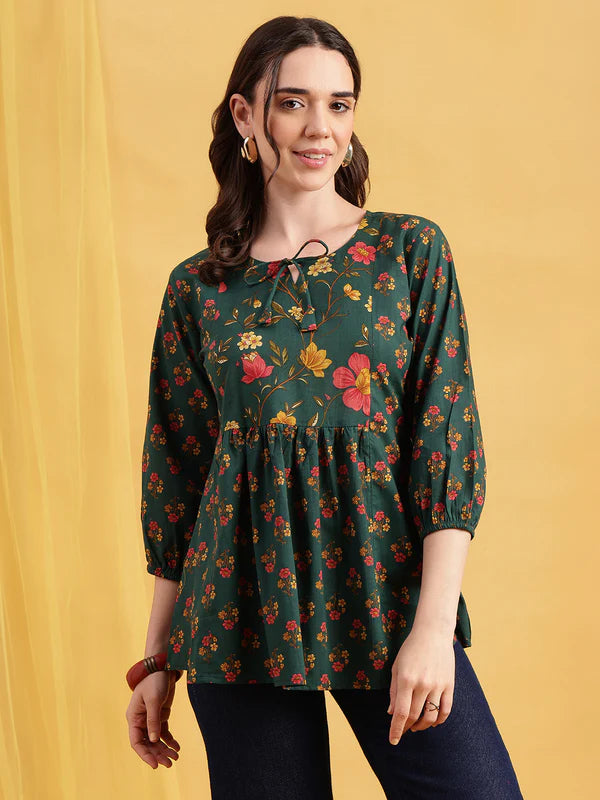 Red Floral Flared Cotton Stitched Tunic