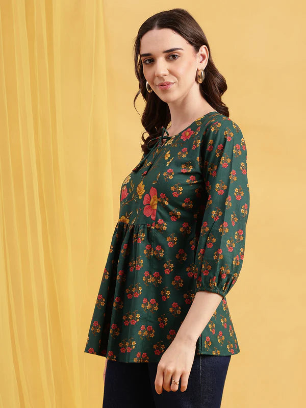 Red Floral Flared Cotton Stitched Tunic