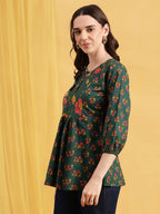 Red Floral Flared Cotton Stitched Tunic