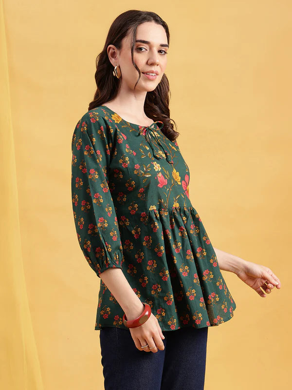 Red Floral Flared Cotton Stitched Tunic