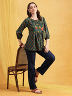 Red Floral Flared Cotton Stitched Tunic