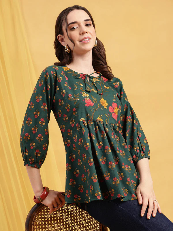 Red Floral Flared Cotton Stitched Tunic