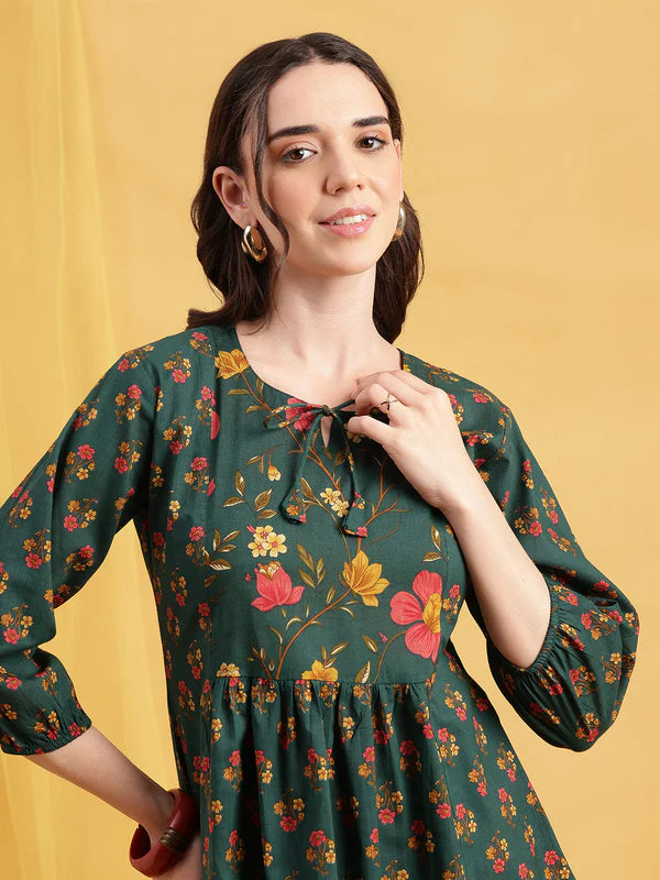 Red Floral Flared Cotton Stitched Tunic
