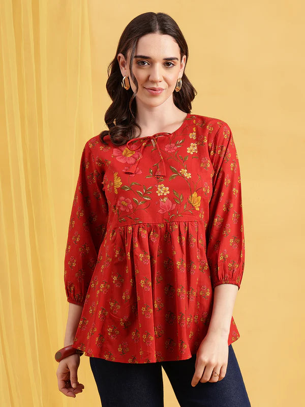 Red Floral Flared Cotton Stitched Tunic