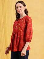 Red Floral Flared Cotton Stitched Tunic