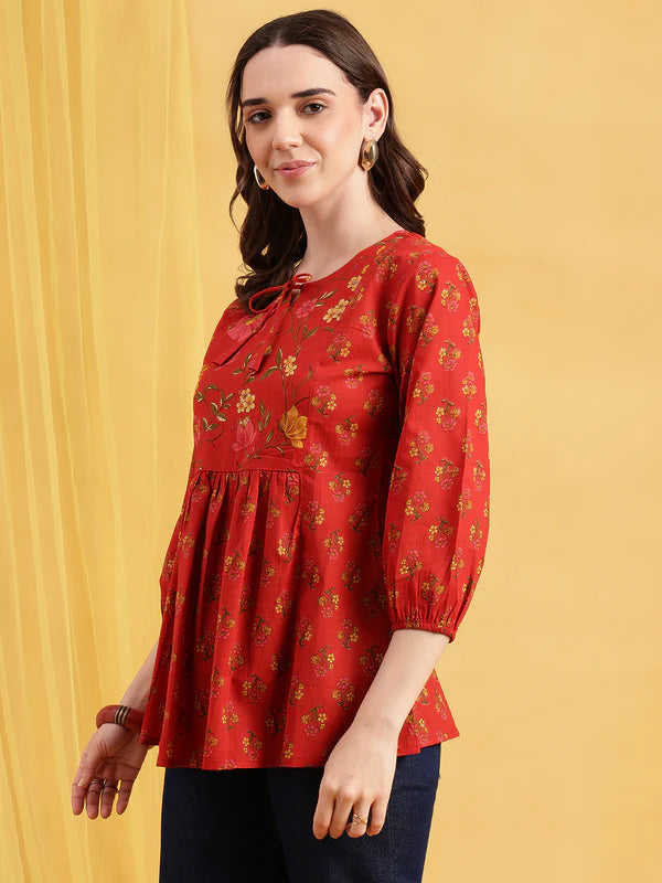 Red Floral Flared Cotton Stitched Tunic