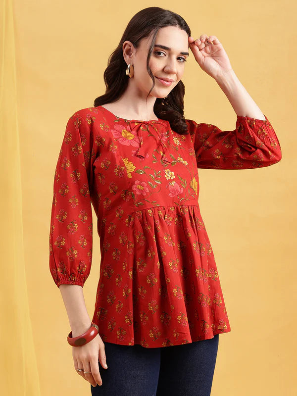 Red Floral Flared Cotton Stitched Tunic