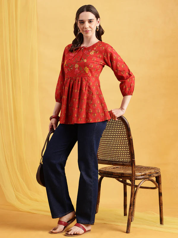 Red Floral Flared Cotton Stitched Tunic