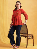 Red Floral Flared Cotton Stitched Tunic