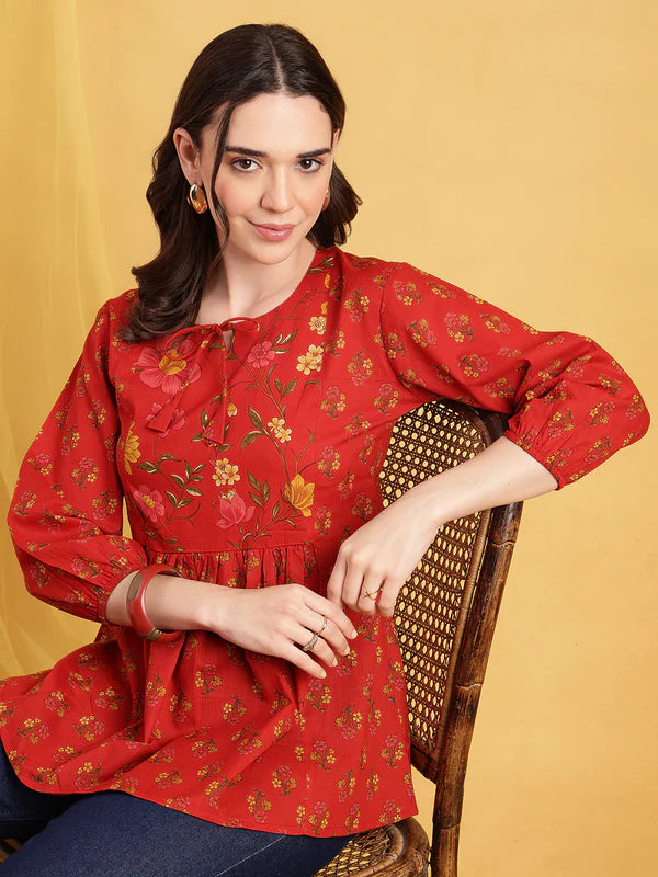 Red Floral Flared Cotton Stitched Tunic