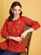 Red Floral Flared Cotton Stitched Tunic