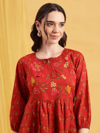Red Floral Flared Cotton Stitched Tunic